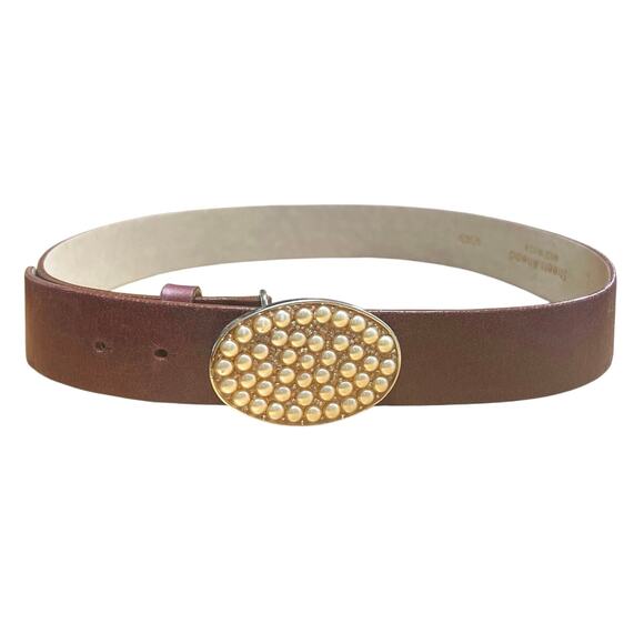 Streets Ahead Maroon Leather  Belt Gold Pearl Buckle Made in USA Size Large - Picture 2 of 9